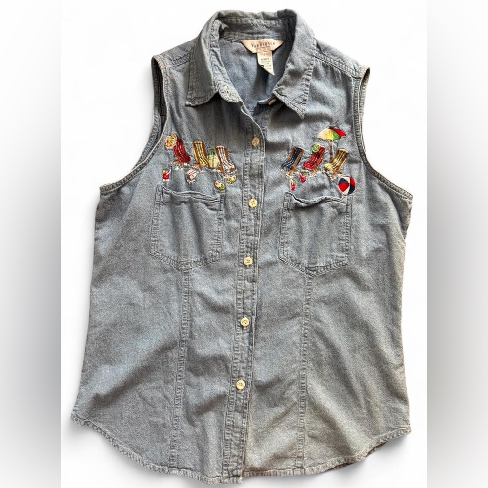 90s Embroidered Beach Denim Sleeveless Button-Up Tank, Size Medium